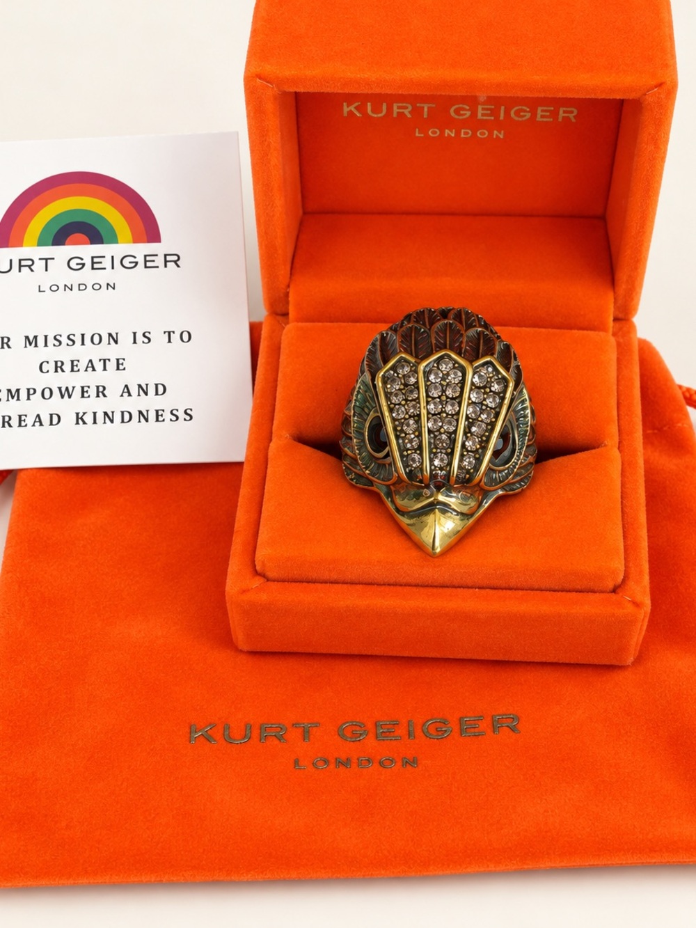 Kurt Geiger London Crystal Eagle Head Statement Ring Gold Tone